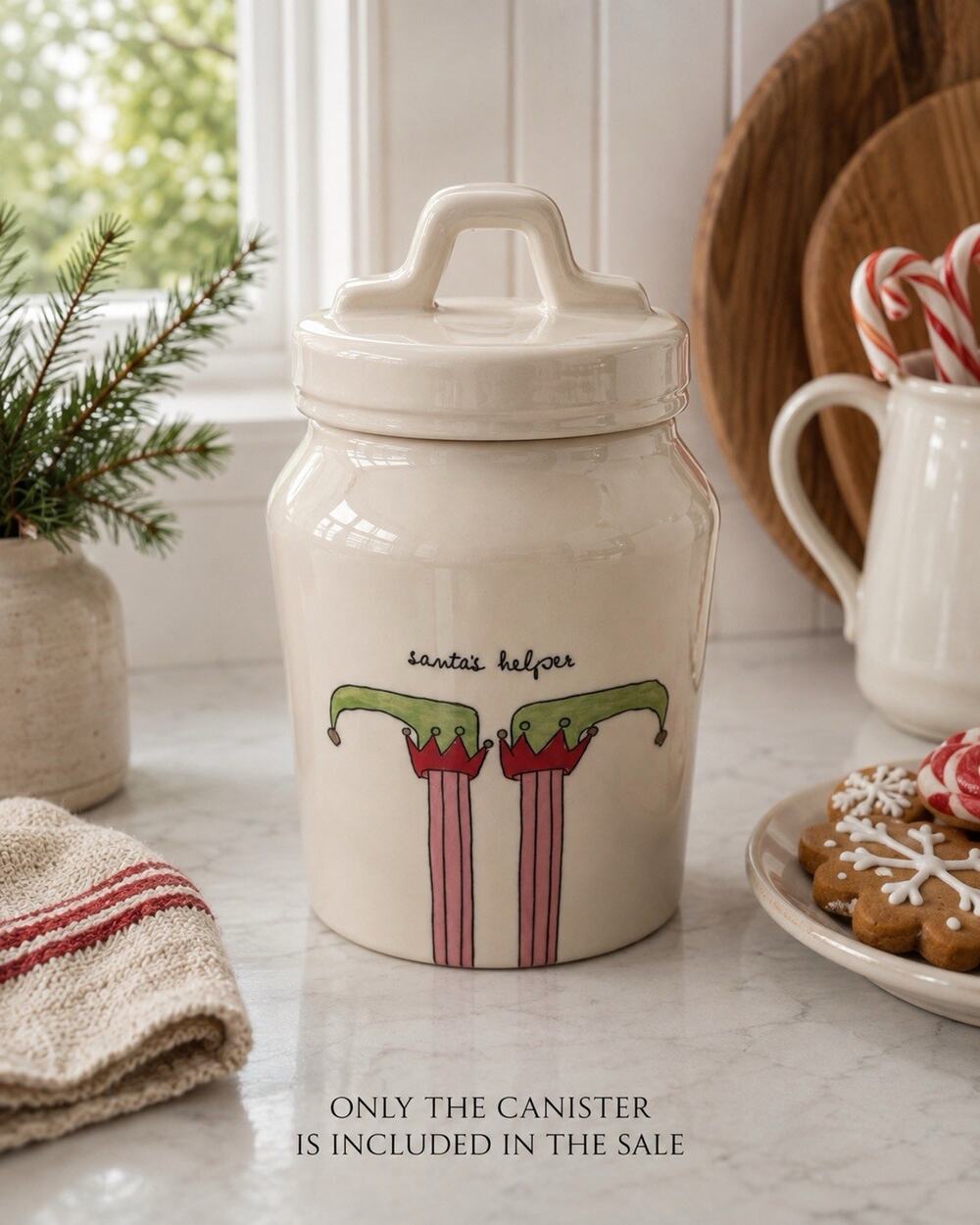 Rae Dunn Santa's Helper Christmas Canister Elf Legs Holiday Ceramic with Lid